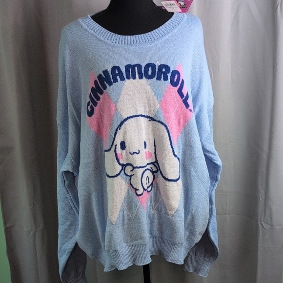 Cinnamoroll Blue and Pink Crew Neck Sweater with Cartoon Charm. Nwt. - Picture 2 of 7